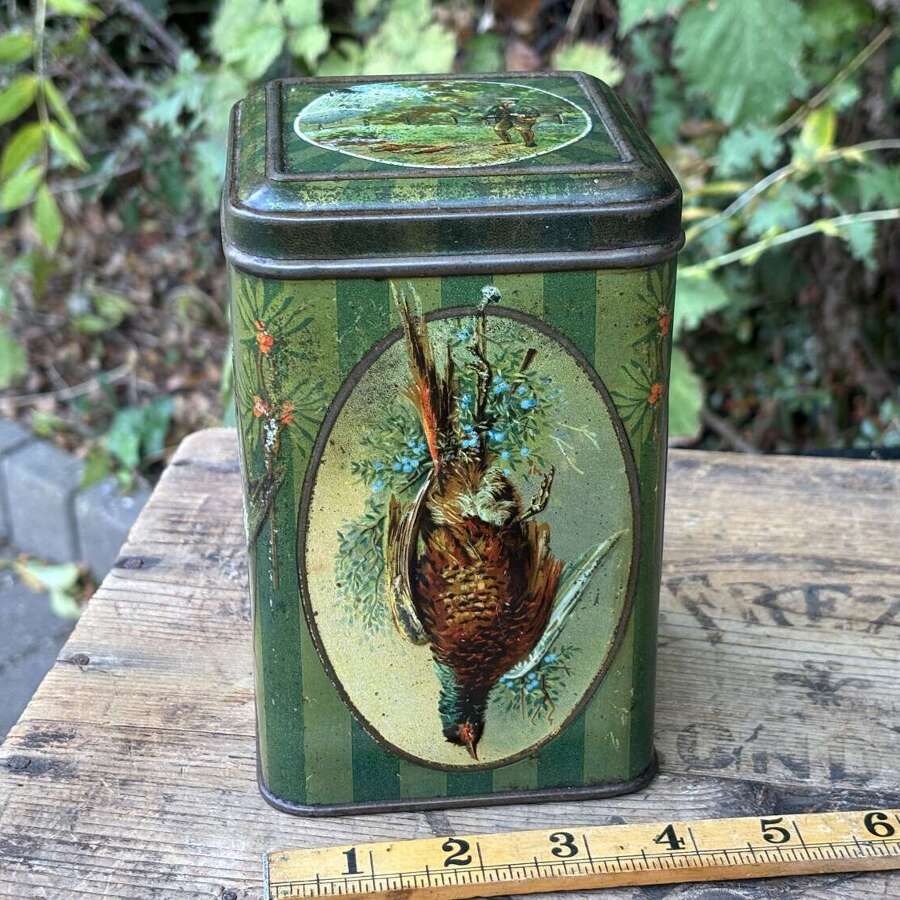 Victorian Gamekeeper Hunting Bird Pheasant Duck Partridge Hunt Embossed Biscuit Tin c1900s