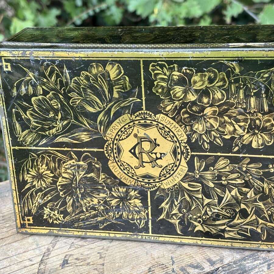 Victorian C & R Bryant & May Black & Gold Seasons Biscuit Tin c1880s