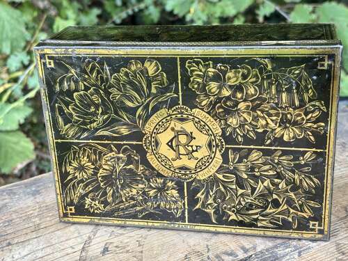 Victorian C & R Bryant & May Black & Gold Seasons Biscuit Tin c1880s
