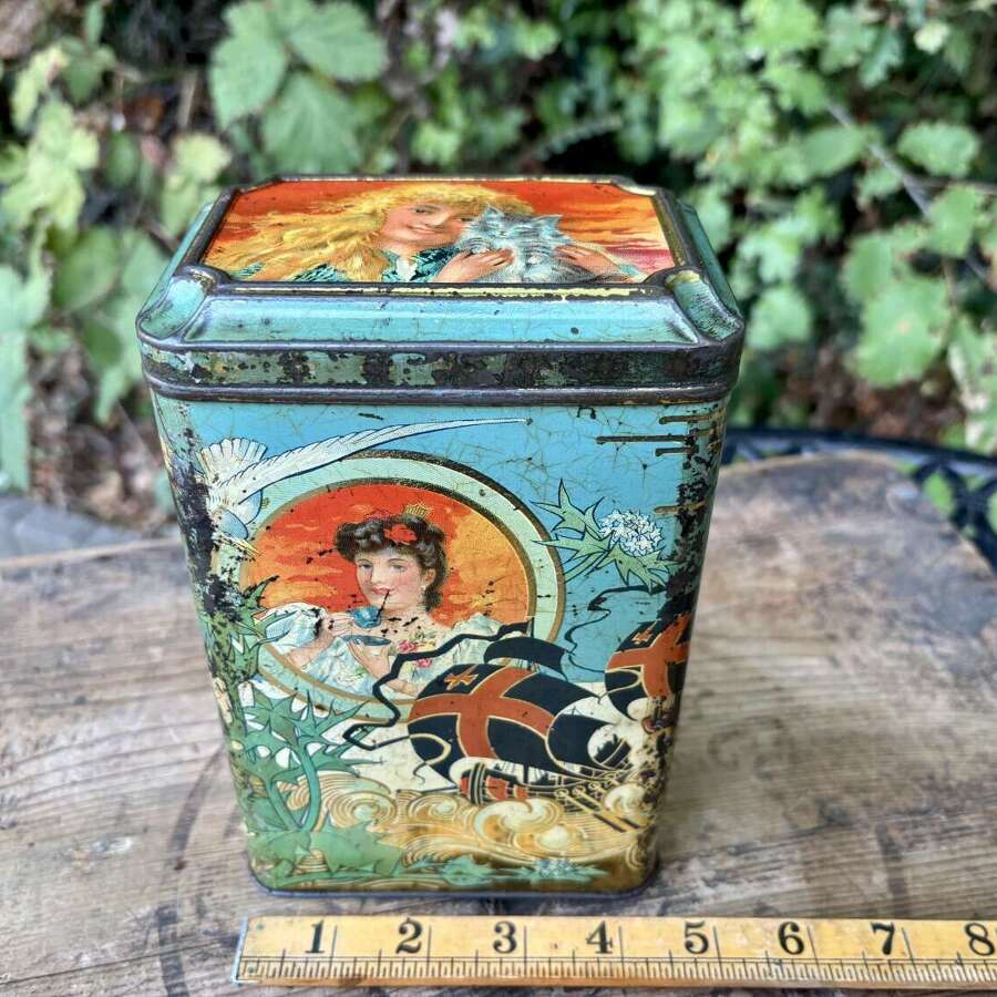 Art Nouveau Lady Image Biscuit Tin c1900s