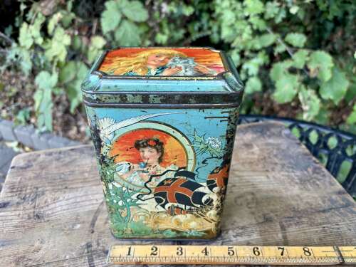 Art Nouveau Lady Image Biscuit Tin c1900s