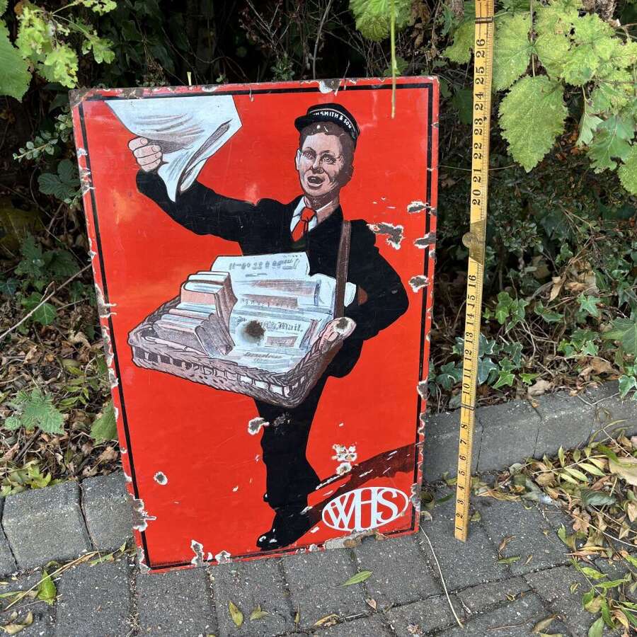 W.H. Smiths Newspaper Boy Advertising Enamel Sign c1910