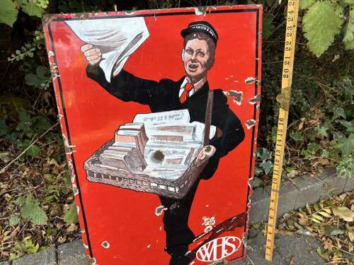 W.H. Smiths Newspaper Boy Advertising Enamel Sign c1910