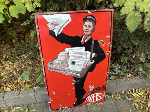 W.H. Smiths Newspaper Boy Advertising Enamel Sign c1910