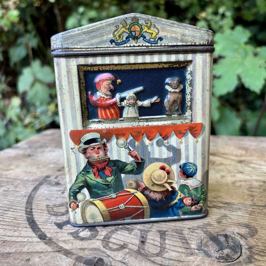 McVitie & Price Victorian Punch `& JUdy Embossed  Biscuit Tin c1900s
