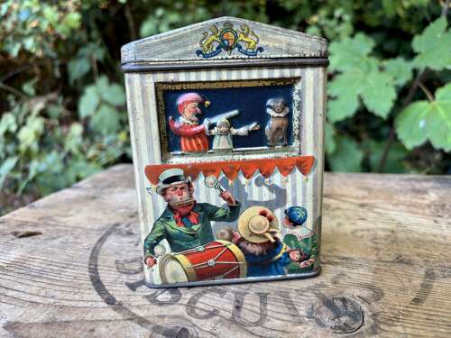McVitie & Price Victorian Punch `& JUdy Embossed  Biscuit Tin c1900s