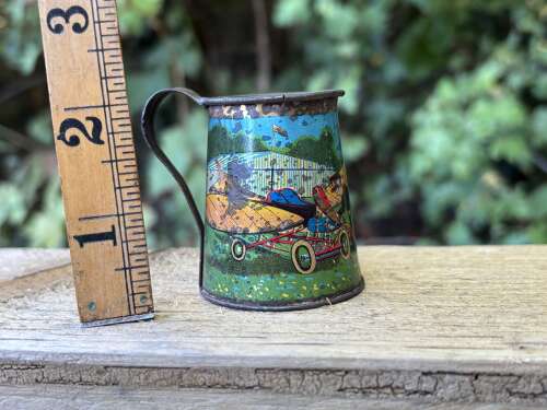 Early Airplane Image Children's Toy Tin Jug Pitcher c1920s