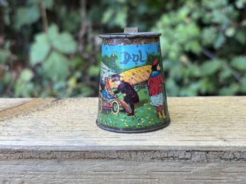 Early Airplane Image Children's Toy Tin Jug Pitcher c1920s