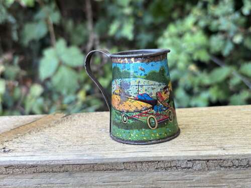 Early Airplane Image Children's Toy Tin Jug Pitcher c1920s