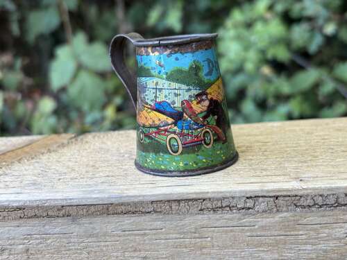 Early Airplane Image Children's Toy Tin Jug Pitcher c1920s