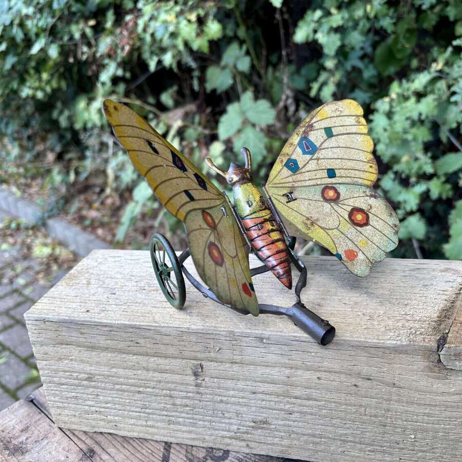 Fantastic Mechanical Tin Butterfly Clockwork Pull Toy c1900s
