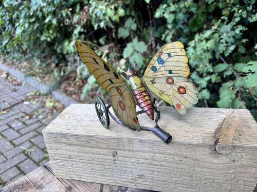 Fantastic Mechanical Tin Butterfly Clockwork Pull Toy c1900s
