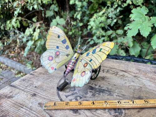 Fantastic Mechanical Tin Butterfly Clockwork Pull Toy c1900s