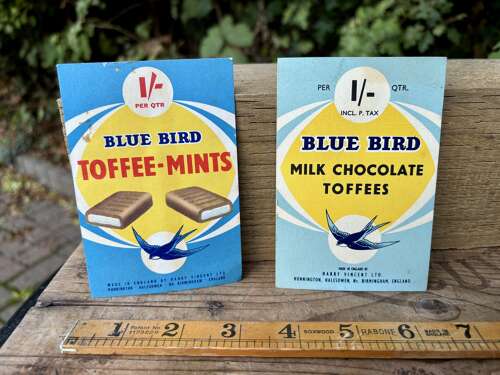 A pair of Blue Bird Toffee Price Card Signs c1960s