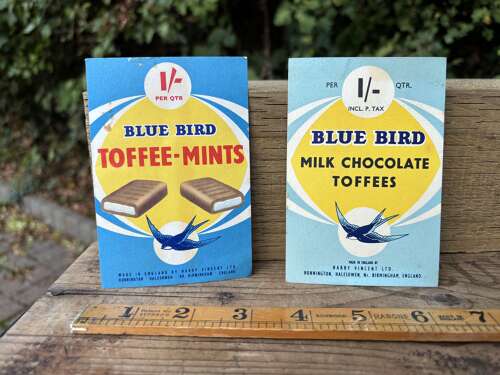 A pair of Blue Bird Toffee Price Card Signs c1960s